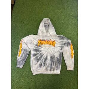 Thrasher Magazine Flame Logo Tie Dye Hoodie Grey White Mens Small S Sweatshirt